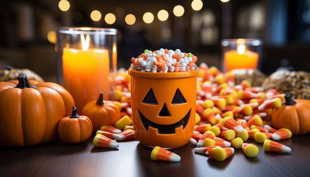 A bucket of Halloween candy.