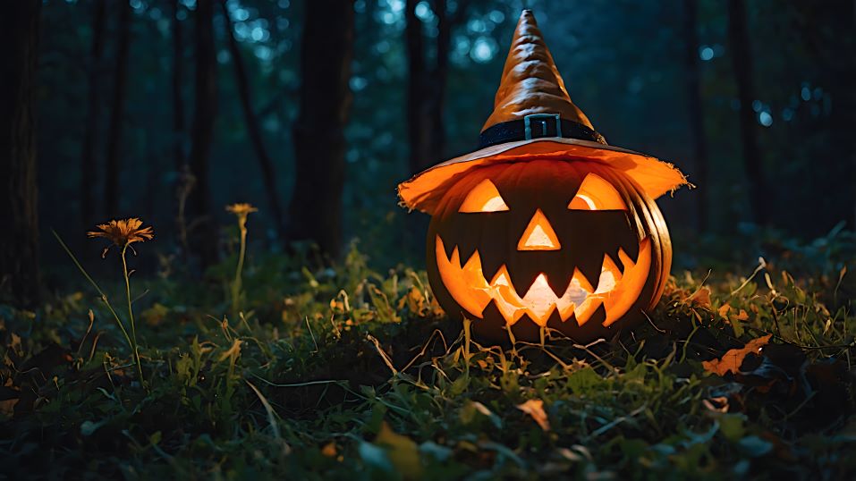 A jack-o-lantern in the grass.